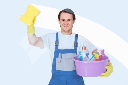 Professional carpet cleaning team working with careful safety standards